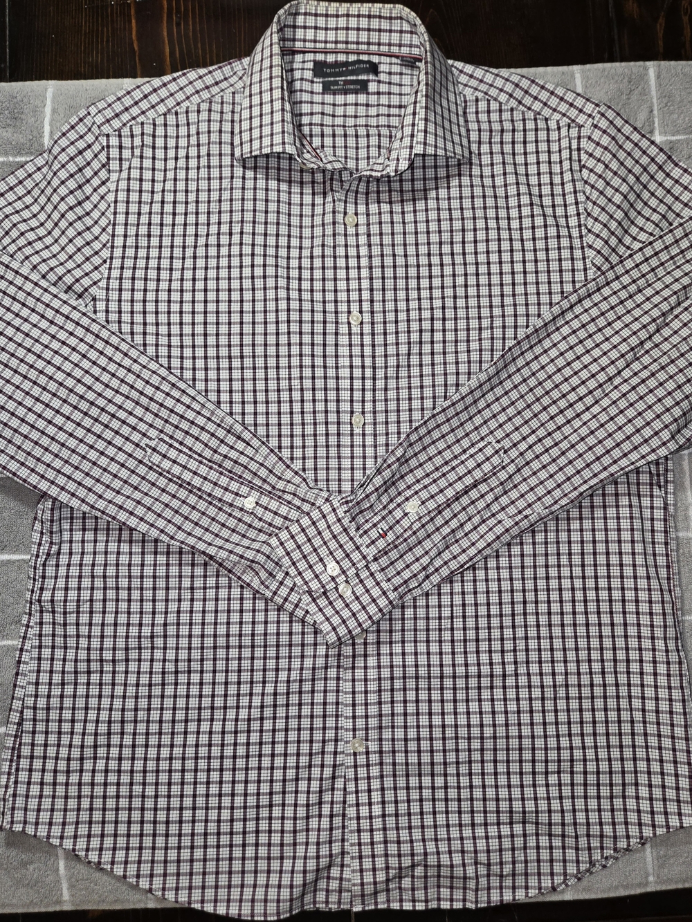 Tommy Hilfiger Men's Burgundy and White Checked Dress Shirt